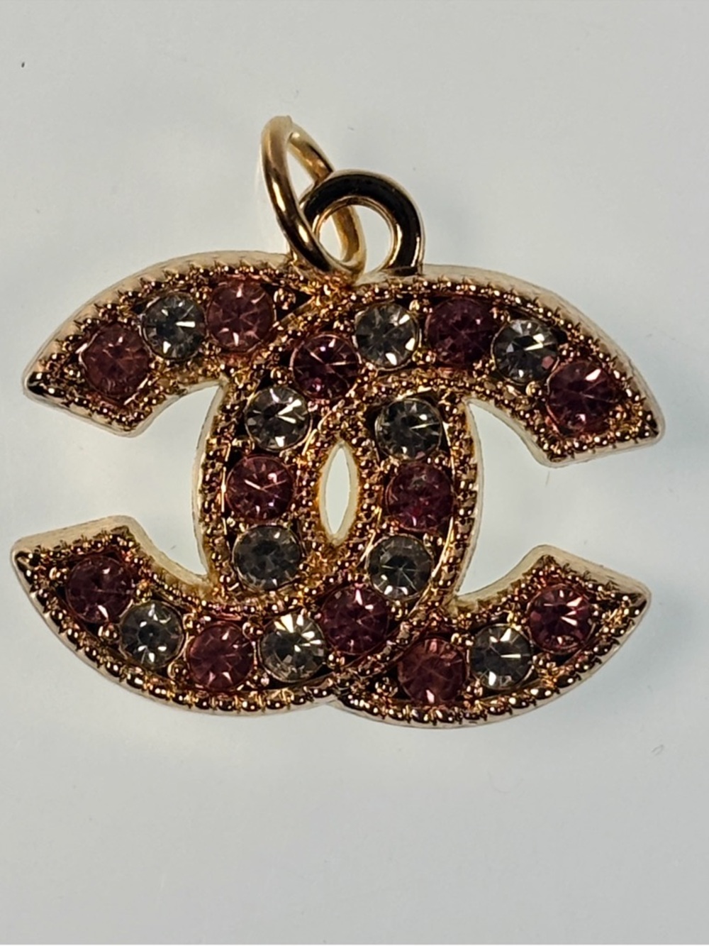 Chanel Gold-Tone Interlocking CC Pendant with Pink and Clear Crystals - Picture 4 of 4